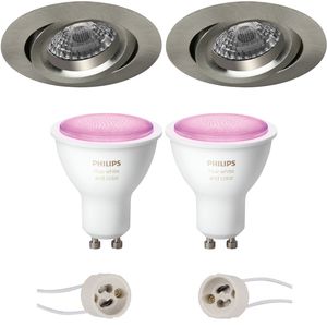 Pragmi Aerony Pro - Inbouw Rond - Mat Nikkel - Kantelbaar - Ø82mm - Philips Hue - LED Spot Set GU10 - White and Color Ambiance - Bluetooth