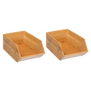 Stapelbare opbergmand 1 vaks - 2x - L18 x B31 x H12 cm - bamboe hout - lichtbruin - organizer