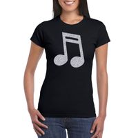 Zilveren muziek noot / muziek feest t-shirt / kleding zwart dames - thumbnail