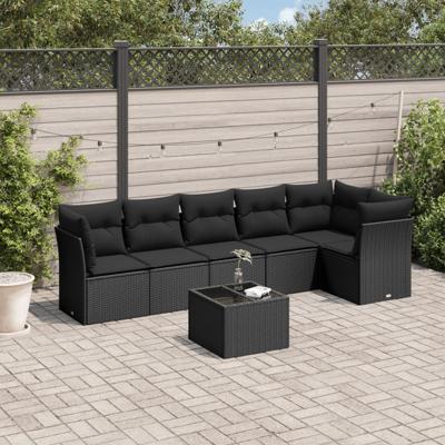 7-delige Loungeset met kussens poly rattan zwart