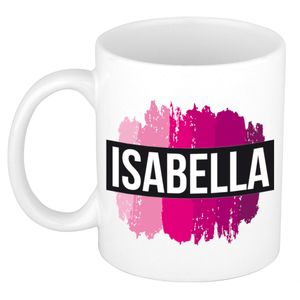 Naam cadeau mok / beker Isabella  met roze verfstrepen 300 ml   -