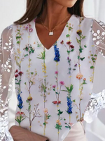 Vacation V Neck Lace stitching Cotton Blends Floral Top