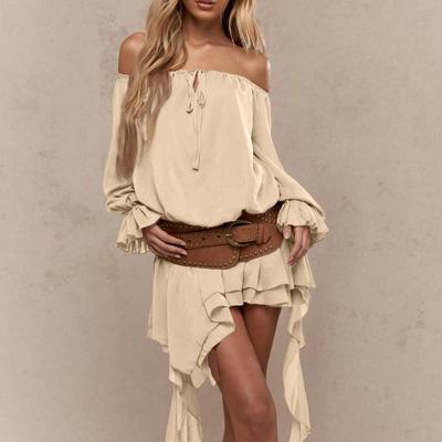 Bon&Bon Boho Off-the-Shoulder Asymmetric Ruffle Mini Dress in Apricot Apricot / M