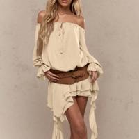 Bon&Bon Boho Off-the-Shoulder Asymmetric Ruffle Mini Dress in Apricot Apricot / M