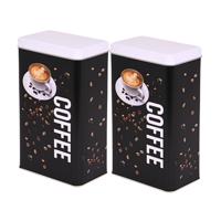 Koffieblik/bewaarblik - 2x - zwart - coffee print - 16 cm - rechthoekig