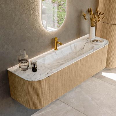 Badmeubel Mondiaz Kurve-Dlux | 160 cm | Meubelkleur Oak | Wastafelkleur Glace | Solid surface | Midden spoelbak | 1 kraangat