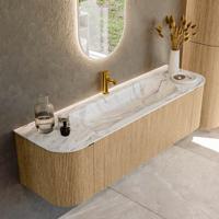 Badmeubel Mondiaz Kurve-Dlux | 160 cm | Meubelkleur Oak | Wastafelkleur Glace | Solid surface | Midden spoelbak | 1 kraangat