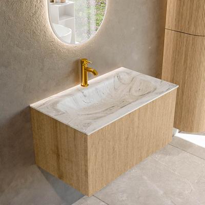 Badmeubel Mondiaz Kurve-Dlux | 80 cm | Meubelkleur Oak | Wastafelkleur Glace | Solid surface | Midden spoelbak | 1 kraangat