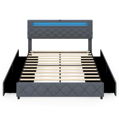 Tweepersoonsbedframe met Ledverlichting en USB-aansluitingen Modern Platformbed met Lades en Verstelbaar Opbergvak in Het Hoofdeinde 160 × 200