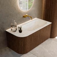 Badmeubel Mondiaz Kurve-Dlux | 95 cm | Meubelkleur Walnut | Wastafelkleur Ostra | Solid surface | Rechts spoelbak | Zonder kraangat(en)