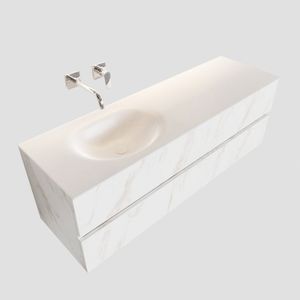 Badkamermeubel BWS Madrid Carrara Mat 150 cm Solid Surface Wastafel Links (0 kraangaten, 2 lades)
