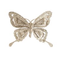 1x stuks decoratie vlinders op clip glitter champagne 14 cm   - - thumbnail