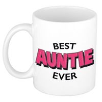 Best auntie ever cadeau mok / beker wit met roze cartoon letters 300 ml - thumbnail