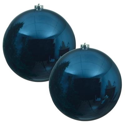 Decoris Kerstbal - 2x - donkerblauw - groot - 14 cm - kunststof - glans