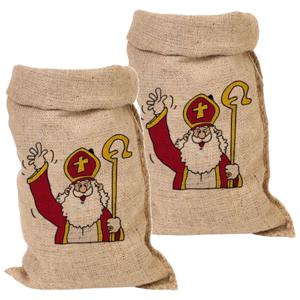 Jute Sinterklaas cadeau zak groot - Set van 2x stuks - 50 x 80 cm - Sint feestartikelen jute kadozak