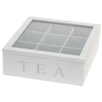 Witte houten theedoos - 9-vaks - 23 x 23 x 8 cm - Theedozen/theekisten