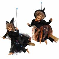 Set van 2x Halloween decoratie heksen pop op bezem - 30 cm - zwart/bruin