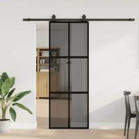 Schuifdeur met beslagset 76x205 cm gehard glas zwart
