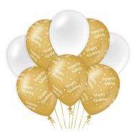 Paperdreams Happy Birthday thema Ballonnen - 24x - goud/wit - Verjaardag feestartikelen - Ballonnen - thumbnail