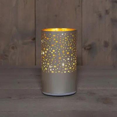 Cylinder glas met sterren 10led warm wit d9xh16 cm champagne - Annas collection
