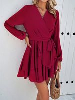 V Neck Casual Loose Plain Dress With No - thumbnail