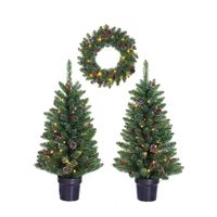 Kerst voordeur versiering kerstbomen en kerstkrans set met licht en versiering 90 x 43 cm