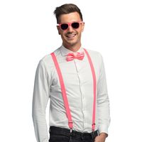 Carnaval verkleed set - bretels/party bril/vlinderstrikje - neon roze - volwassenen/heren/dames