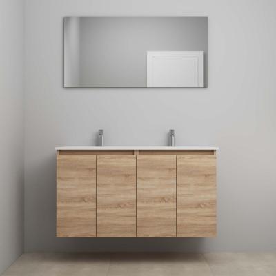 On-Line Badkamermeubelset - 120 cm - Voorgemonteerd - Greeploos 4 Deuren - Porseleinen Wastafel - 2 Kraangaten - Spiegel - Eiken