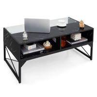 Hoogglans Salontafel met Blad van Imitatiemarmer en Gehard Glas LED-Verlichting Moderne Bijzettafel Inclusief Afstandsbediening
