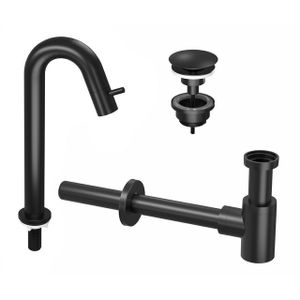 INK 5A Fonteinkraanset - staande Fonteinkraan - hoog gebogen - always open - plug en designSifon - zwart mat 9902481