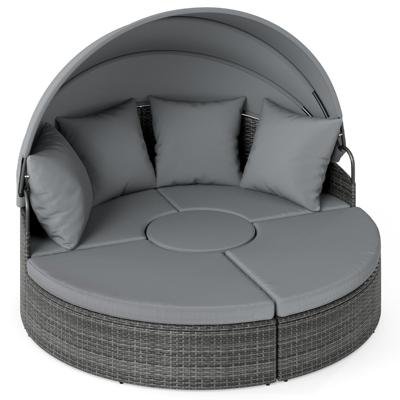 Zonne-eiland met Dak & Tafel & Zit- en Rugkussens Rattan Ligbed Tuinligbed Grijs