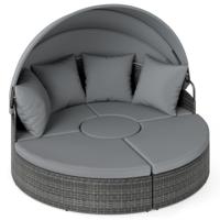 Zonne-eiland met Dak & Tafel & Zit- en Rugkussens Rattan Ligbed Tuinligbed Grijs