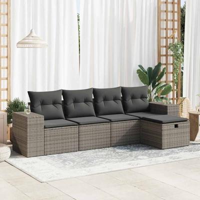 5-delige Loungeset met kussens poly rattan grijs