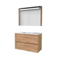 Basic-Line Premium 46 Badkamermeubelset - 100 x 46 cm - Greeploos - 2 Lades - Keramische Wastafel - 1 Kraangat - Spiegelkast met LED Verlichting - Whisky Oak