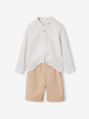 Net jongenshemd, Mao-kraag en korte broek beige