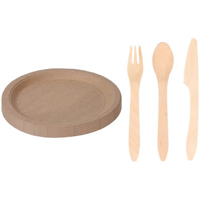 Houten verjaardag bestek voor 48x personen set en 50x Duurzame papieren taart/hapjes bordjes 23 cm