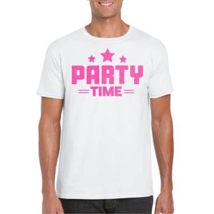 Bellatio Decorations Verkleed T-shirt voor heren - party time - wit - roze glitter - carnaval 2XL  -