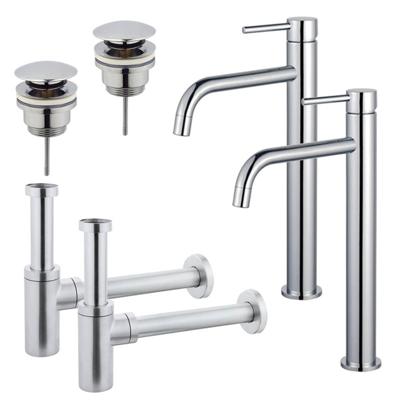 Fortifura Calvi Slim Wastafelkraanset - voor dubbele wastafel - verhoogde wastafelkraan - klikwaste plug - design sifon - Chroom 2x SW377813/2x SW696203/2x SW696214