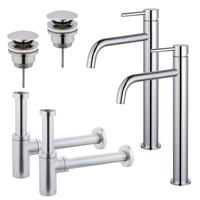 Fortifura Calvi Slim Wastafelkraanset - voor dubbele wastafel - verhoogde wastafelkraan - klikwaste plug - design sifon - Chroom 2x SW377813/2x SW696203/2x SW696214