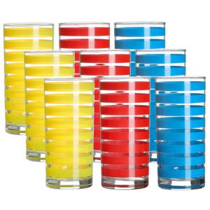 Drinkglazen Colorama - 9x - rood/geel/blauw - glas - 280 ml - gekleurd mix