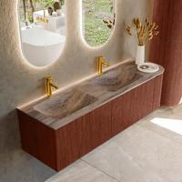 Badmeubel Mondiaz Kurve-Dlux | 155 cm | Meubelkleur Ruby | Wastafelkleur Oza | Solid surface | Dubbel / Links spoelbak | 2 kraangaten