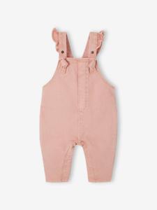 Tuinbroek van keperstof met ruches voor baby's roze (poederkleur)
