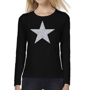 Ster van zilver glitter t-shirt long sleeve zwart voor dames