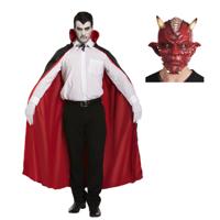 Halloween Duivel verkleedset - masker met hoorns - Lange cape met kraag rood - volwassenen