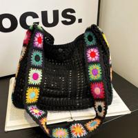 Retro Floral Knitted Shoulder Bag - Beige Hollow Out Beach Purse Black