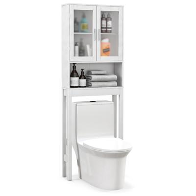 Toiletopbergkast Toiletrek met Verstelbare plank Open Opbergruimte en Matglazen Deuren Vrijstaand Badkamerrek Wit