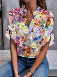 Loose Floral Casual V Neck Shirt