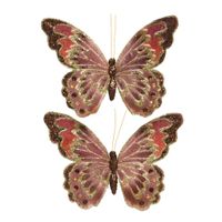 2x stuks decoratie vlinders op clip glitter bruin 18 cm - thumbnail