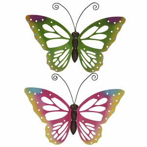 Set van 2x stuks tuindecoratie muur/wand vlinders van metaal in groen en roze tinten 51 x 38 cm - Tuinbeelden