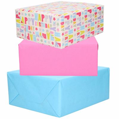 3x Rollen kraft inpakpapier roze/lichtblauw/happy birthday 200 x 70 cm